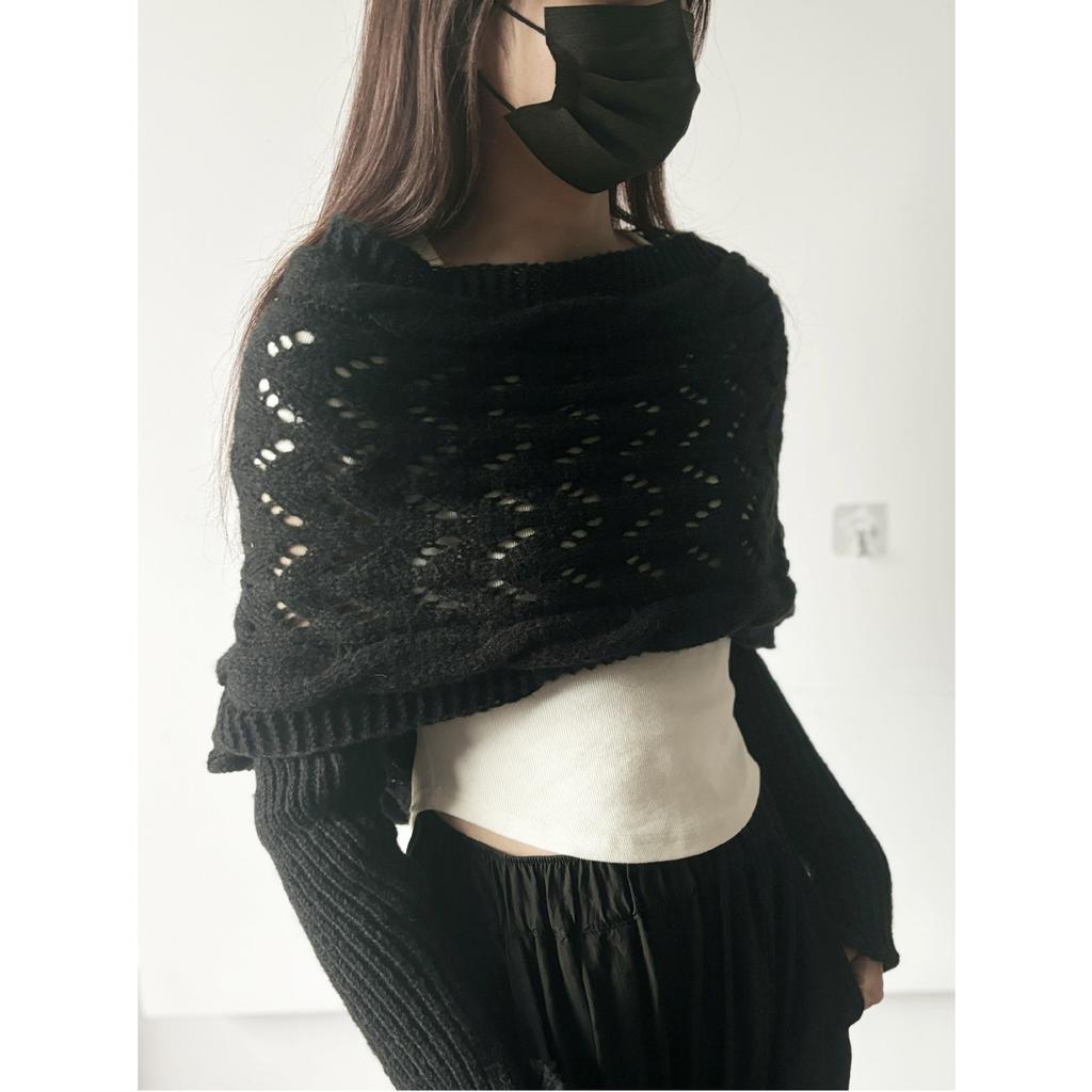 Autumn Winter Women'S Knitted Shawl Scarf With Long Sleeve Outdoor Warm Soft Windproof Hollow Out Crop Top Shrugs Shawl Scarf