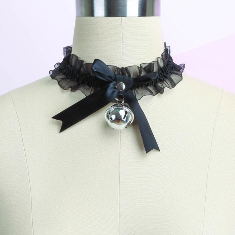Choker in Pizzo con Campanellino Gatto Dolce Carino Gotico Choker Staccabile Cosplay Festa Gioiello Regolabile Nero Rosa Bianco