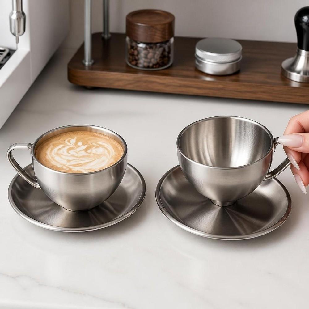 Heat Resistant Coffee Mug Stainless Steel Tea Mug Luxury Cup Saucer Set  Household Coffee
