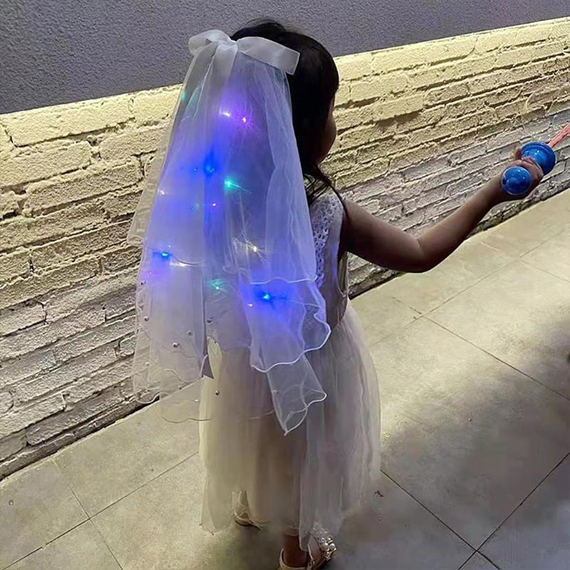 Hochzeit Schleier mit Clip/Kamm Haarschmuck für Bräute Mädchen Tüllschleier mit Rand und Lichterkette 8 Farben