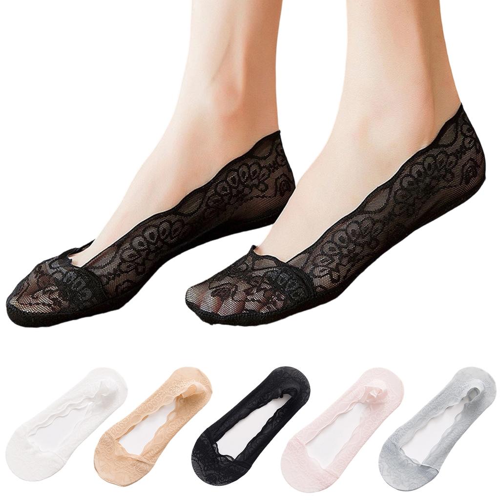 Women's Lightweight Lace Invisible No-Show Socks Breathable Sweat-Absorbing Silicone Non-Slip Summer Socks Five-Pack