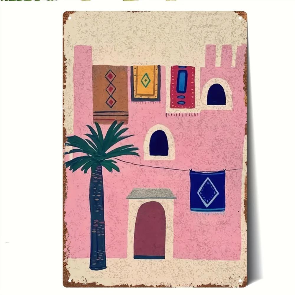 Artistic Metal Wall Plaque Vintage Arabian House Design 2D Flat Pink Middle Eastern Decor for Home