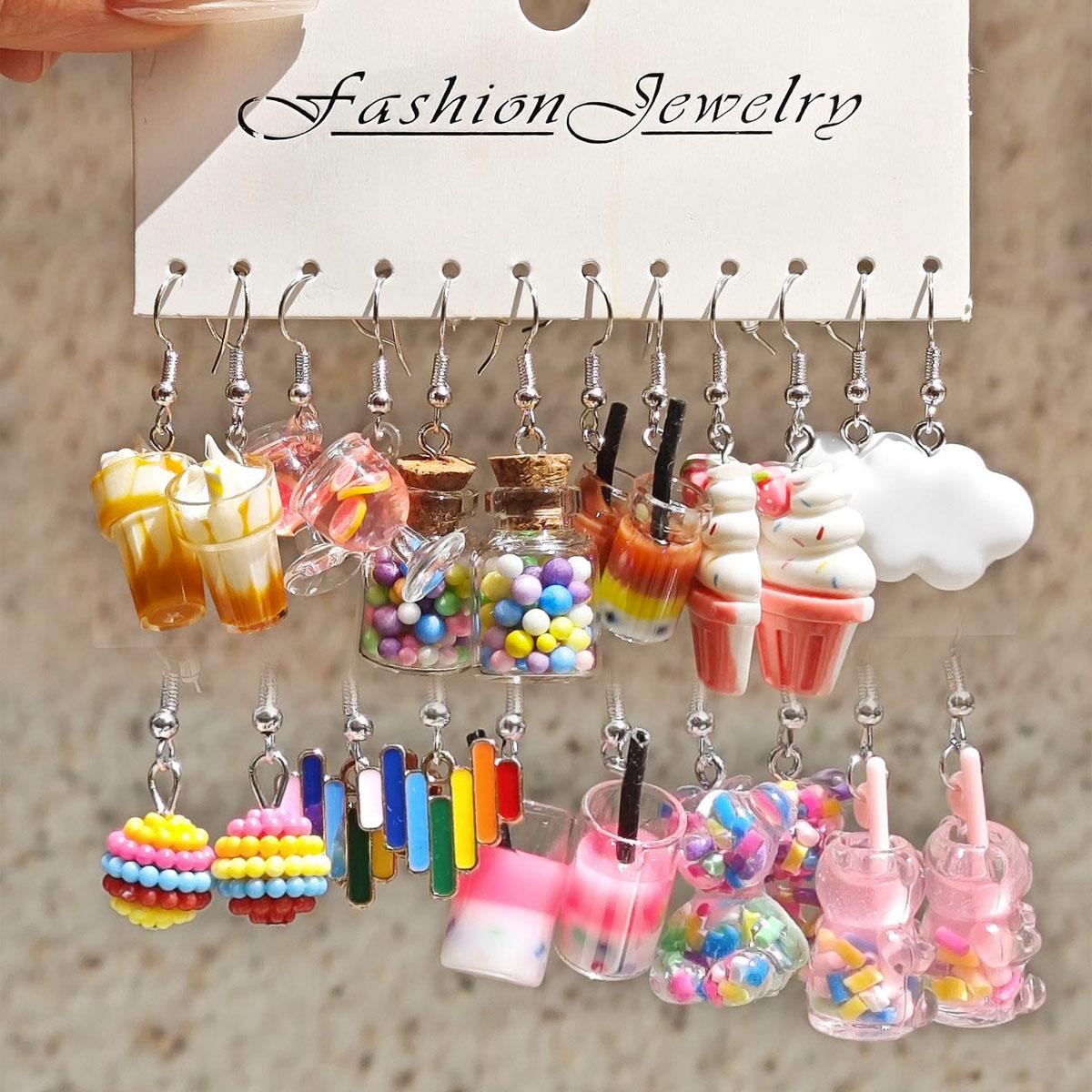 

10 Pair Set Small Fresh Colored Resin Animal Pendant Earrings Art Sweet and Cute Flower Butterfly Milk Tea Earrings Female