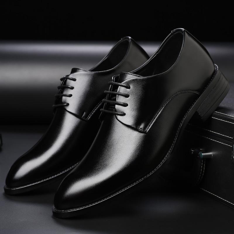 Mens Breathable Leather Dress Shoes Formal Business Footwear Pointed Toe Lace Up Flat Sole Groom Wedding Shoes Simple Leisure