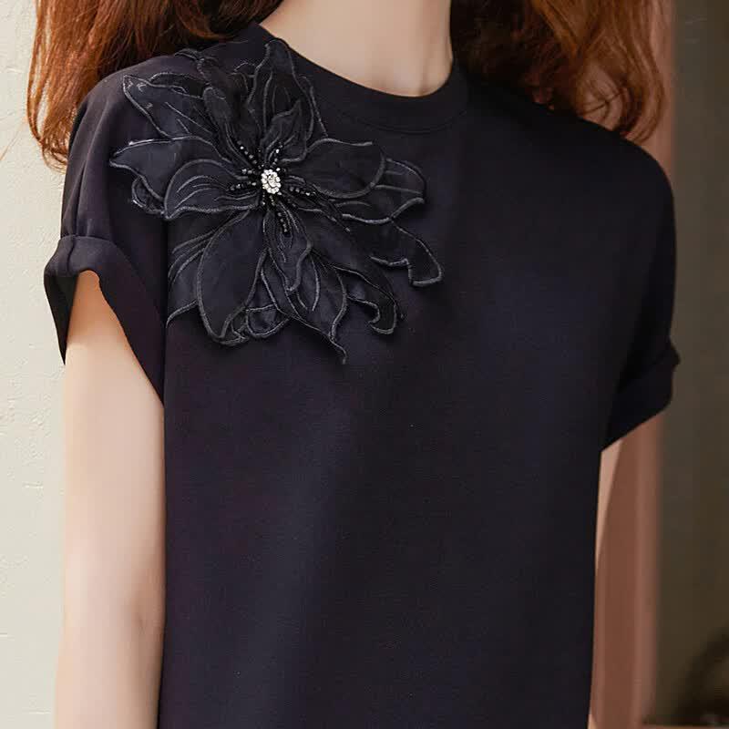 Elegantes Damen-A-Linien-Midikleid aus 3D-Blumen-Pailletten-Netz