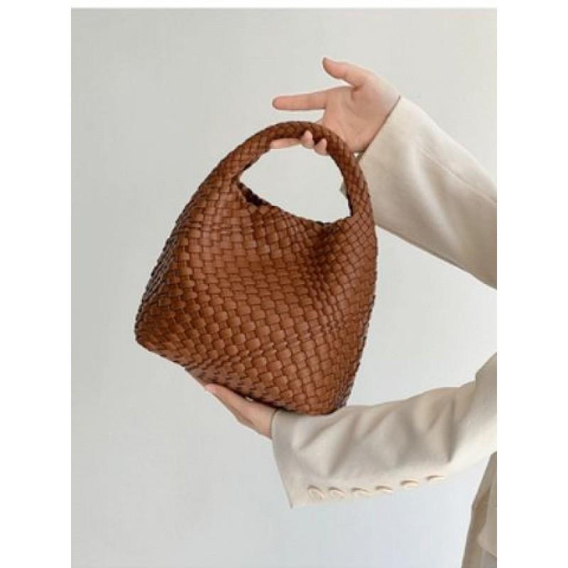 Hand-woven Bucket Bag Women's 2024 Genuine Leather Fashionable Small Tote Portable Shoulder Cross-body