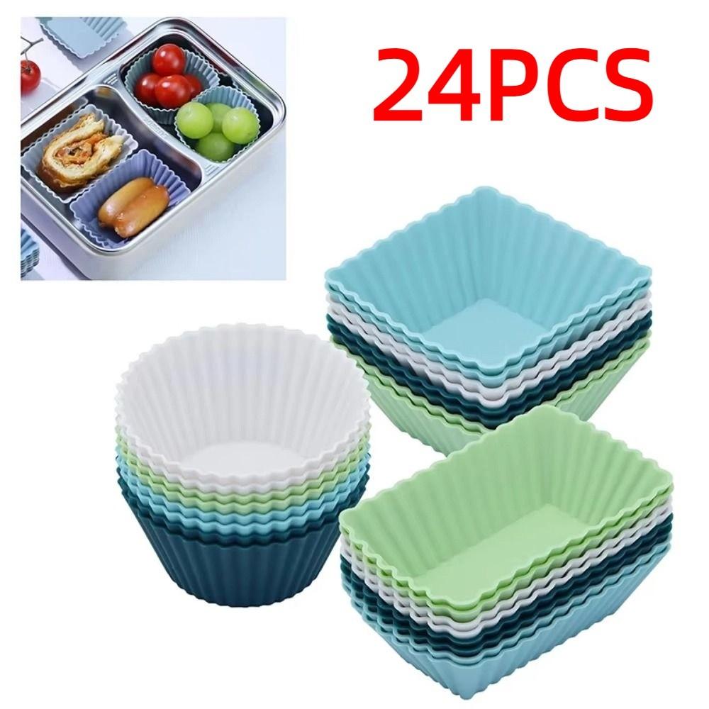 24Pcs Round/Square Silicone Muffin Molds Colorful Cupcake Molds Lunch Box Dividers  Baking Supplies
