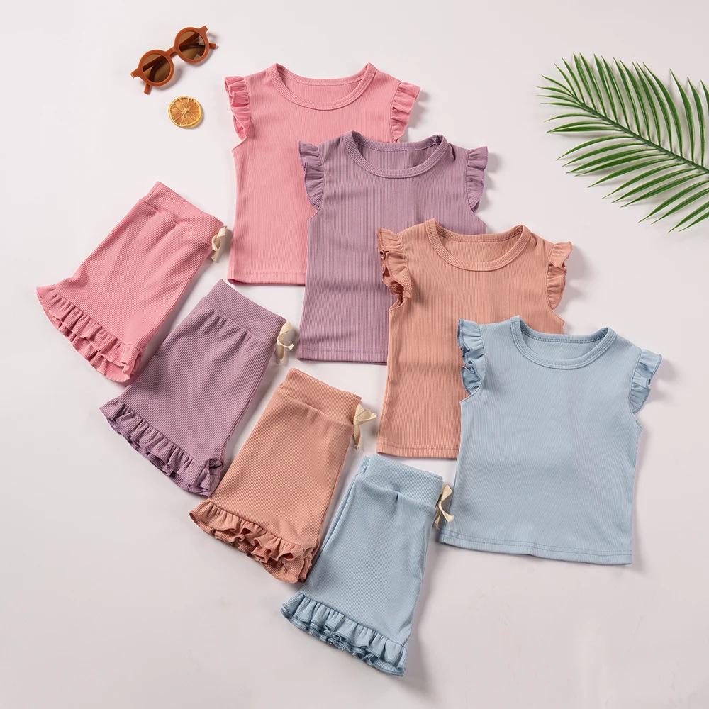 Girls' Solid Color Short Sleeve Shorts Set 2025 Summer Children's Fashion Set