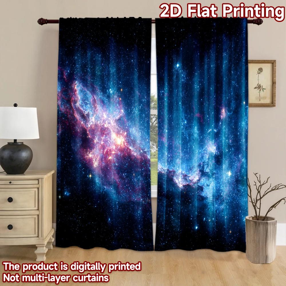 2D Flachdruck 2 Stück Fenstervorhänge Tiefraum Sterne Nebel Digital Bedruckte Polyester Vorhänge Festliche Wanddekoration für Wohnkultur