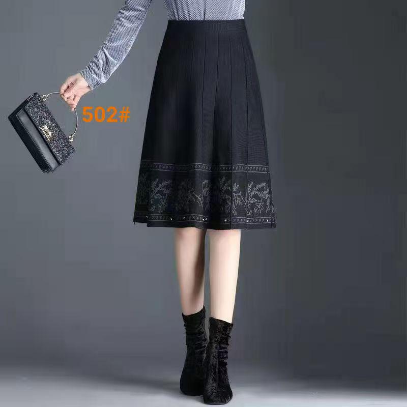 Ethnic Style Floral Knit A-line Midi Skirt - High Waist Autumn/Winter 2025