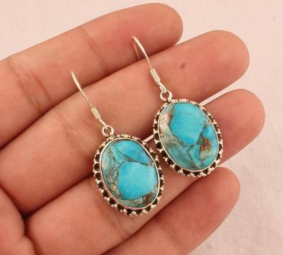 Boucle d'oreille pendante pour femme en Argent Sterling 925 massif avec pierre gemme Turquoise Cuivre Bleu Fait main Designer Bijoux