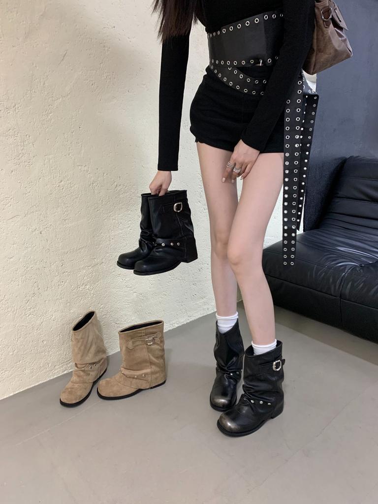 Coarse Heel Tube Pants Tube Martin Boots Women's Shoes 2025 New Thin Pile Boots with Skirt Spring and Autumn Single Boots Short Boots