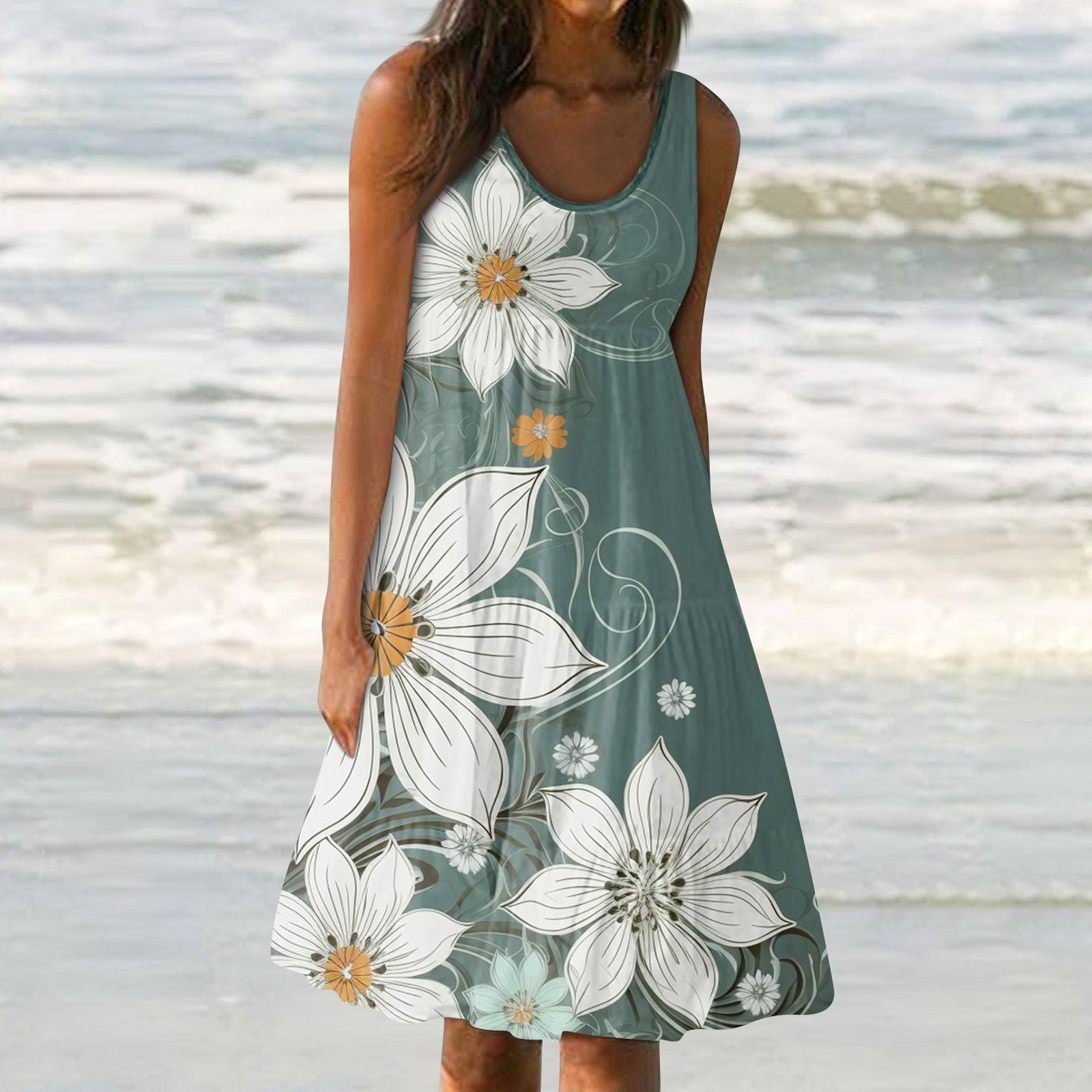 

Женские платья-жилеты Лето-весна Плиссированные богемные платья Симпатичные струящиеся пляжные платья без рукавов Прямая футболка Платья-майки Платья с круглым вырезом XXL зелёный