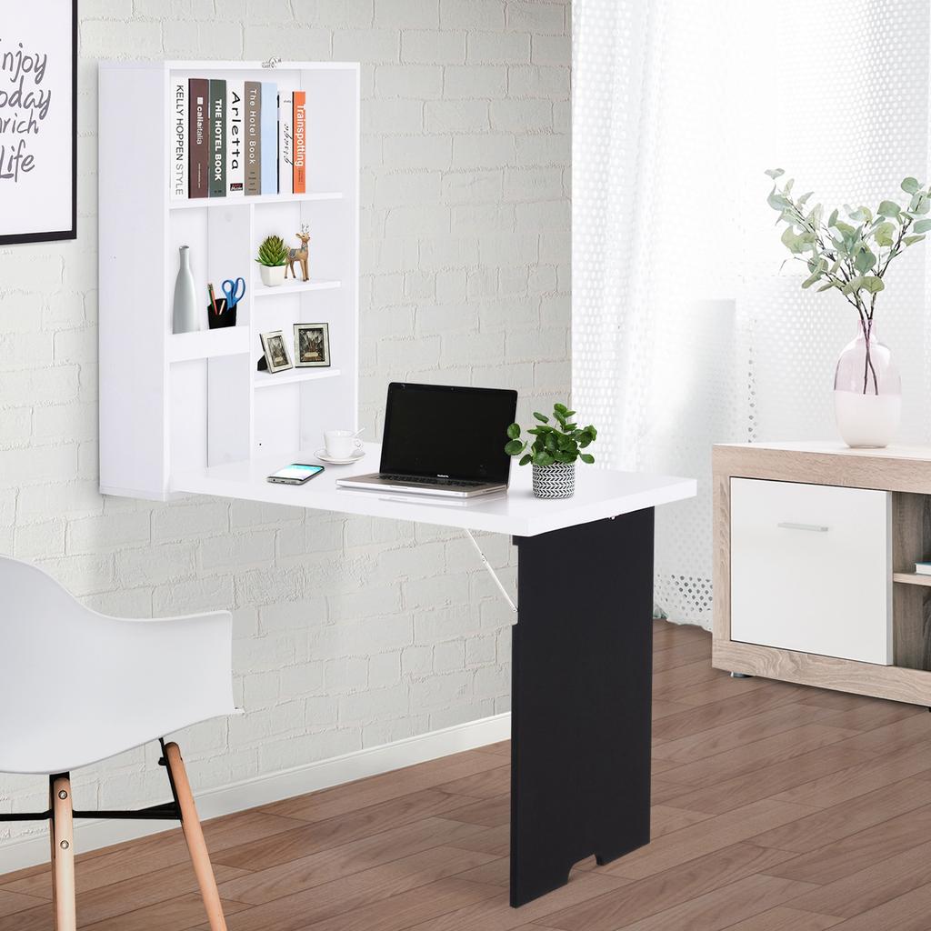 Folding Wall Mounted Drop Leaf Table Convertible Wall Table With Chalkboard And Storage Shelf Multifunctional Floating Desk For Home Office White