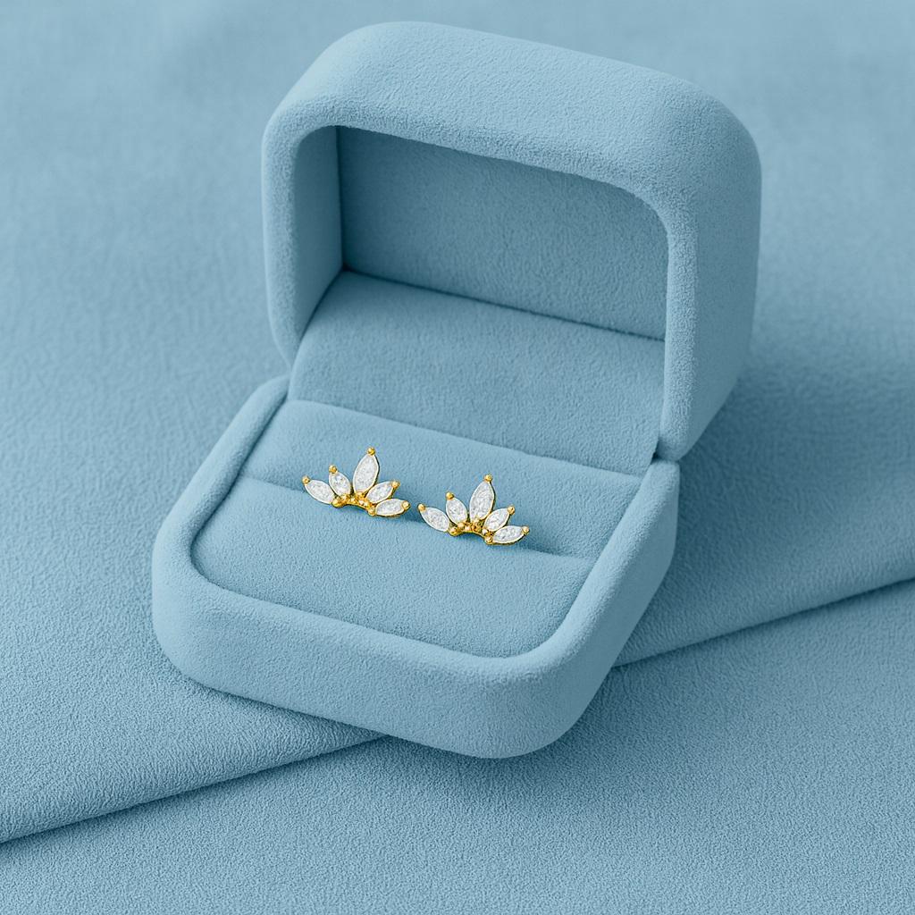 Marquise Fan Cluster Stud Earrings - 925 Sterling Silver Yellow Plated