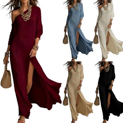 Maxikleid mit langen Ärmeln, schulterfrei, seitlichem Schlitz, lockerer Passform, einfarbig, legerer Stil für Damen, bequemes Tragen