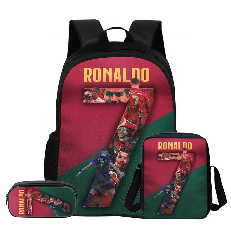 Set de 3 Piezas para Niños Mochila Estrella de Fútbol Estudiante Bolso de Hombro Escolar Bolsas para Lápices Ronaldo Mochila Escolar CR Mochila Mejor Regalo