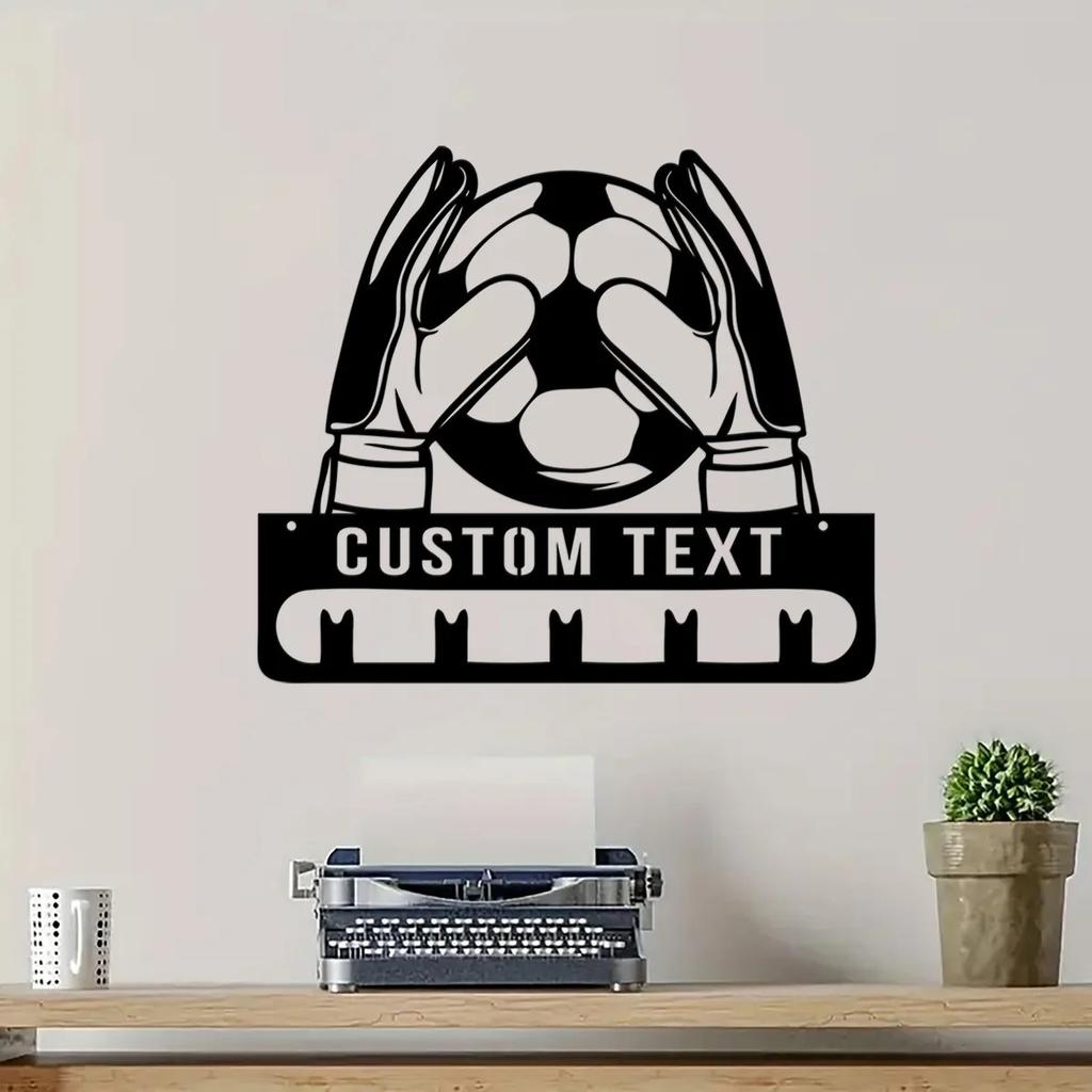 Metal Soccer Goalie Wall Decor, Personalized Name Plate Medal Hanger, Sporty Tin Sign for Home Gym Bar