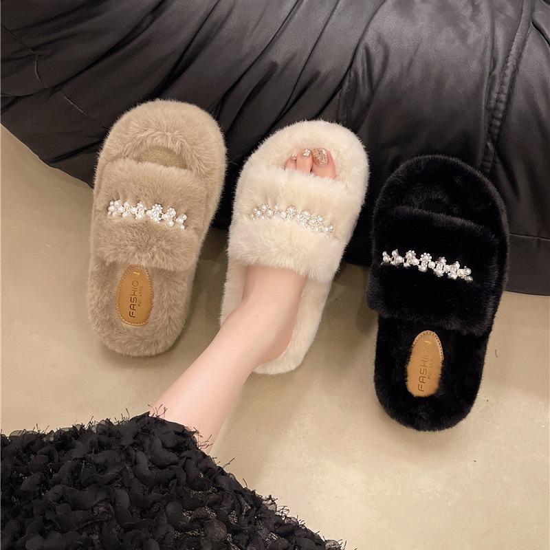 Autumn and winter new pearl fairy fluffy slippers cute coral fleece indoor home thick bottom premium fluffy slippers