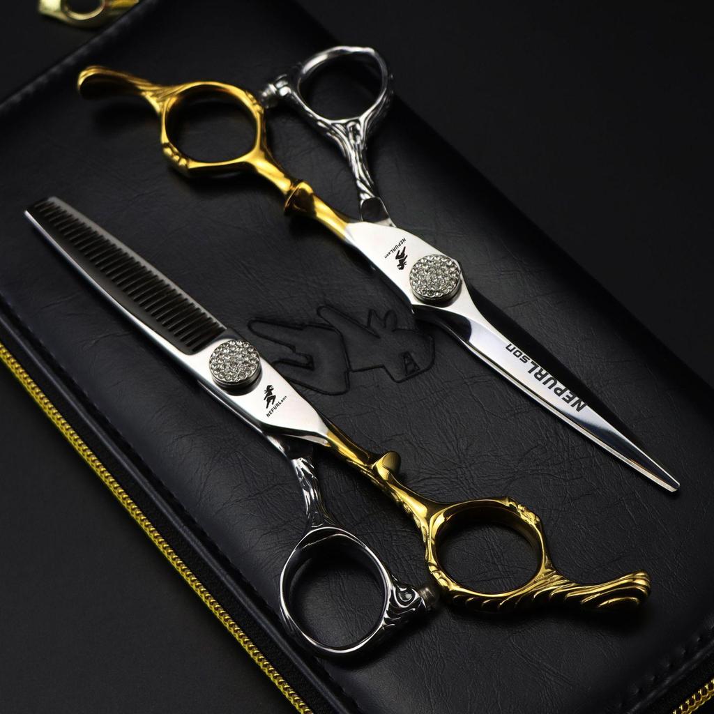 Napson Platinum 6" Double-Sided Sword-Style Hairdressing Scissors with Wood Grain Finish