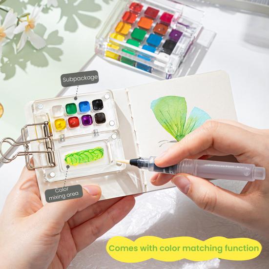 Mini Watercolor Kit Travel Watercolor Paint Set with Sketchbook Binder Clip Pen Portable Watercolor Palette with 12/24 Color Paints