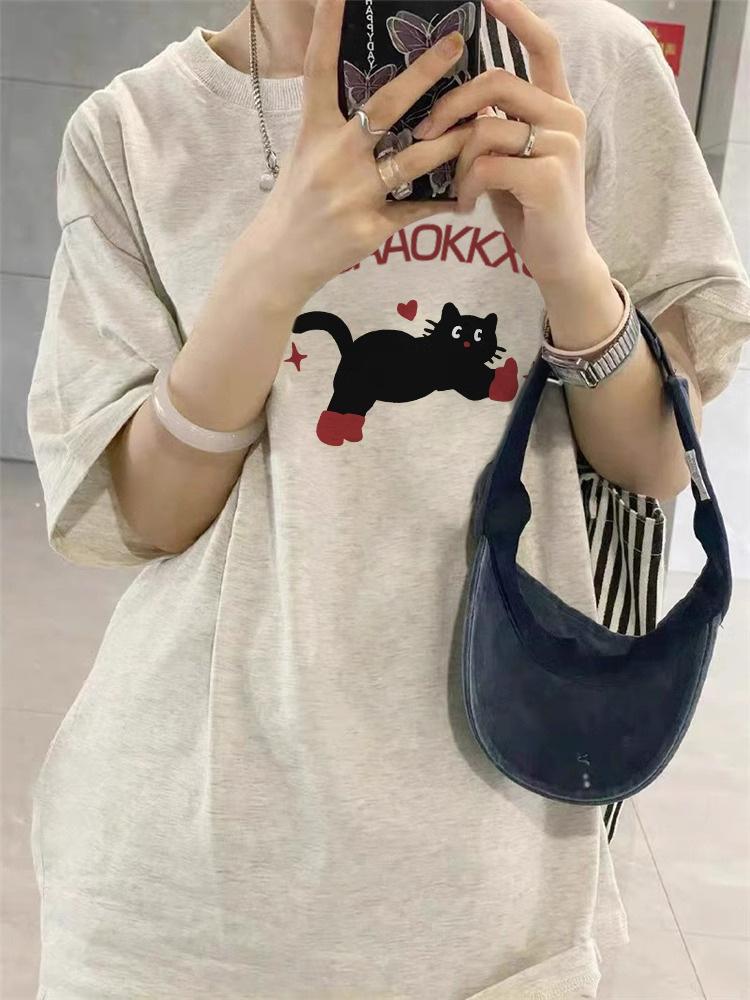 Women's Plus Size Retro Cartoon Kitten Cotton T-Shirt, Summer 2025 Collection, Short Sleeve, Off-Shoulder, Loose Fit.
