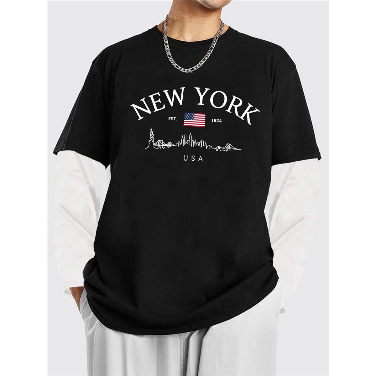 New York Letter Fashion Print Graphic Men s Spring Color Block Long Sleeve T-Shirt L чёрный