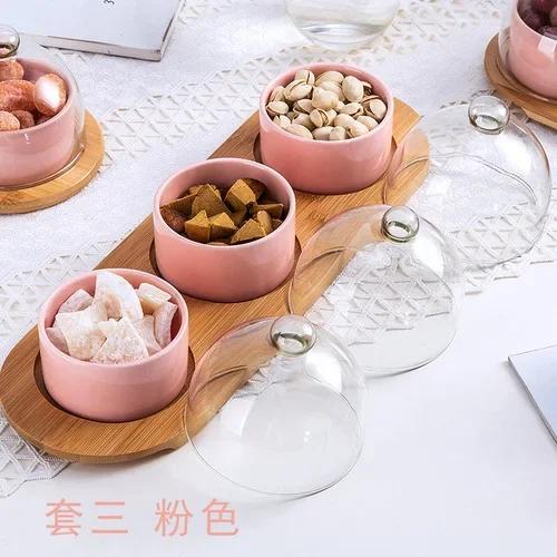 Japanese Tableware Black Ceramic Dessert Bowl Fruit Platter Creative Glass Cover Household Snack Plate Dried Fruit Cake Plate