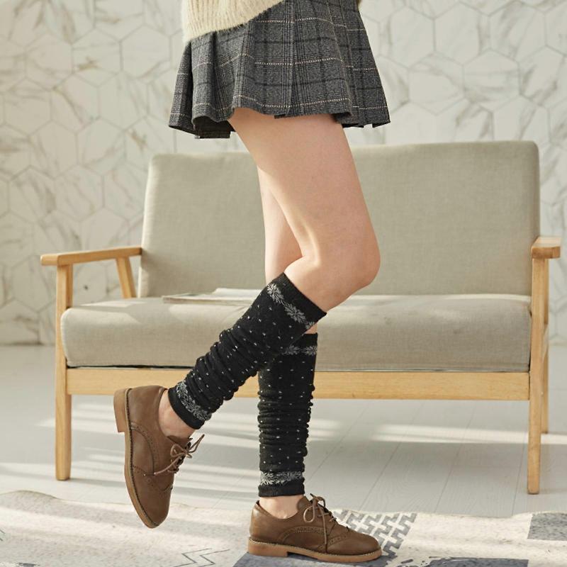 Women Winter Faux Wool Long Leg Warmers Snowflake Dots Knit Warm Over Knee Socks  Navy Blue