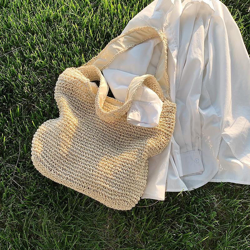 Handtasche Neue Lässige Schultertasche Strandurlaub Große Kapazität Pendler Tragetasche Gewebte Stroh Tragetasche für Damen