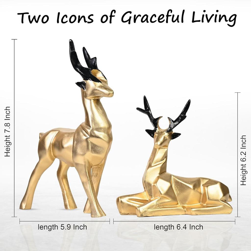 Zestaw 2 żywicznych rzeźb jeleni Hiran do dekoracji domu i biura inspirowanych naturą, idealny dla miłośników przyrody, doskonały dla przyjaciół i rodziny (Złoto)