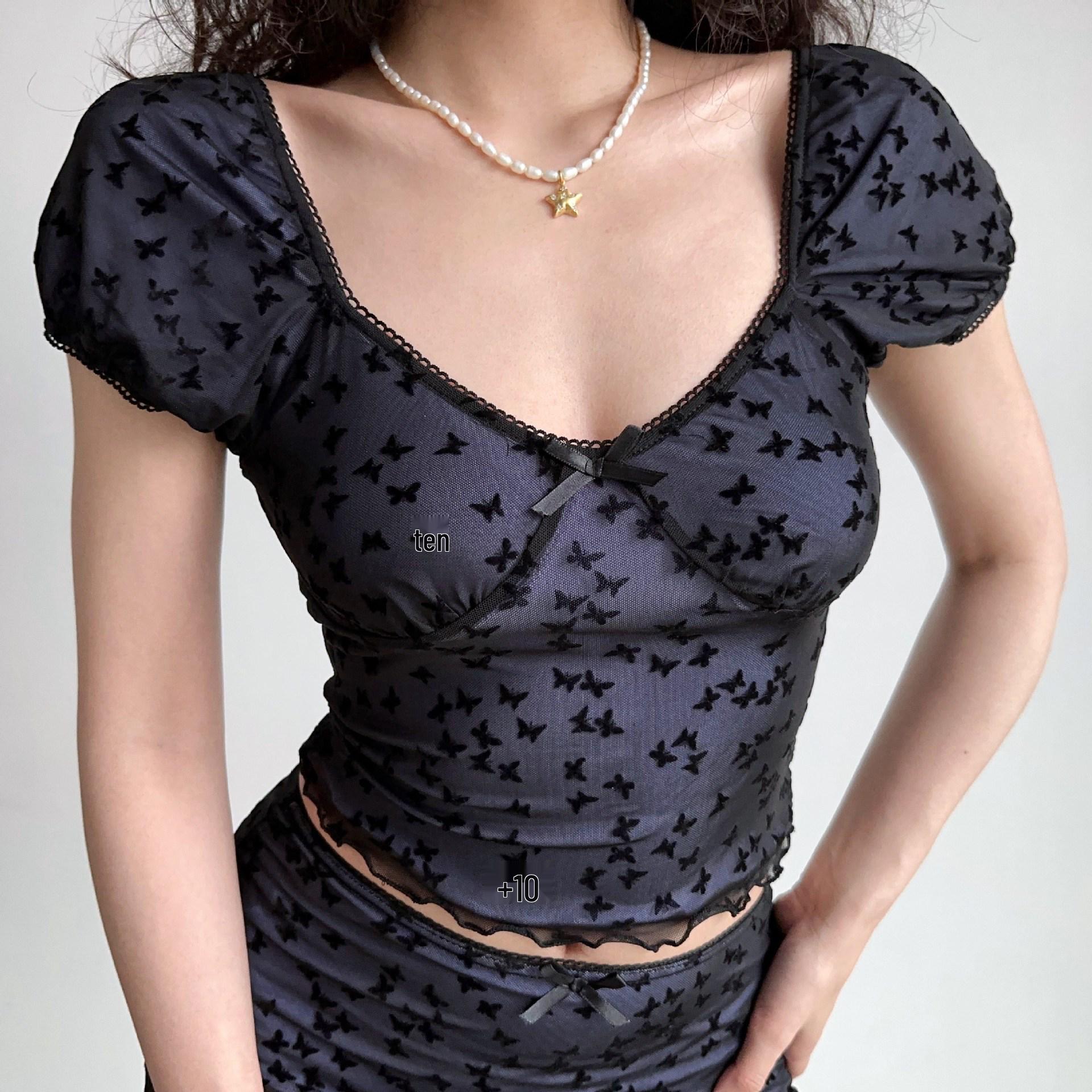 Self-Made Butterfly Mesh Crop Top & Hip-Hugging Skirt Set - European & American Style Medium