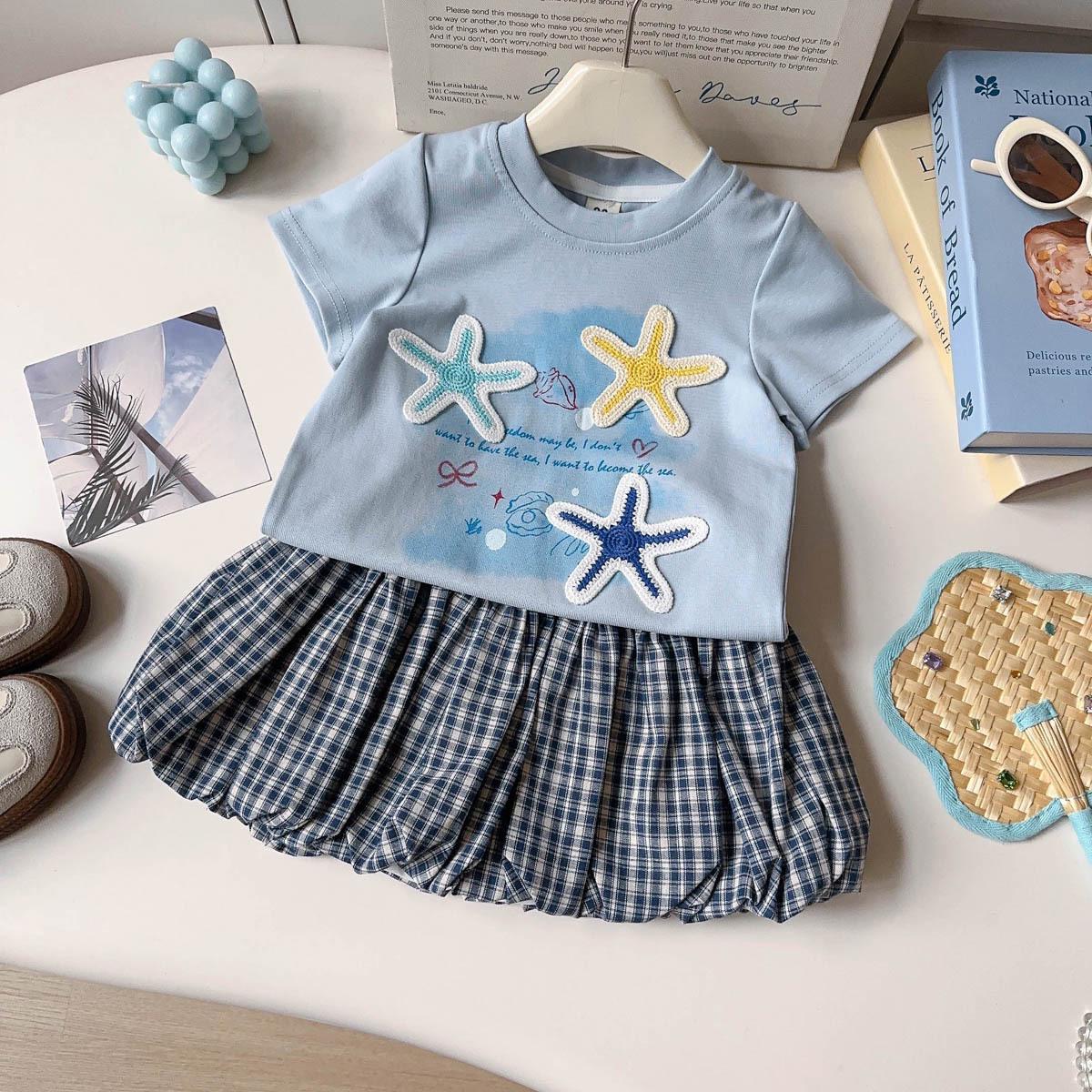 Starfish Embroidered Summer T-shirt & Plaid Skirt Set for Girls - BXC003 120 синий