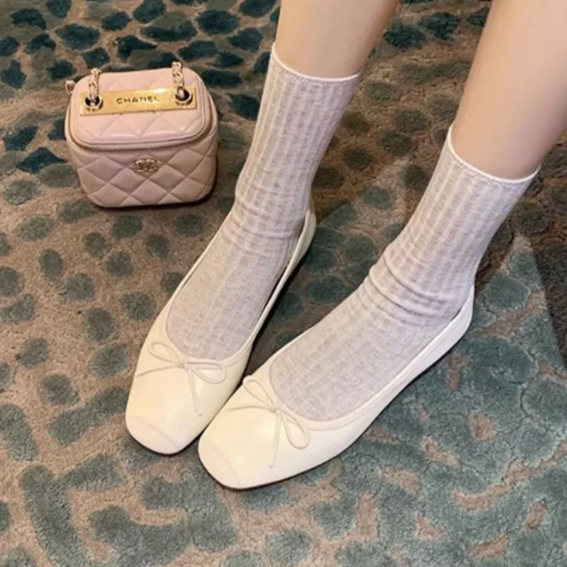 Fashion Square Ballet Shoes Women's 2024 New Sweet Flat Soft Bottom French Retro Genuine Leather Shallow Mouth Shoes Zapatillas Mujer