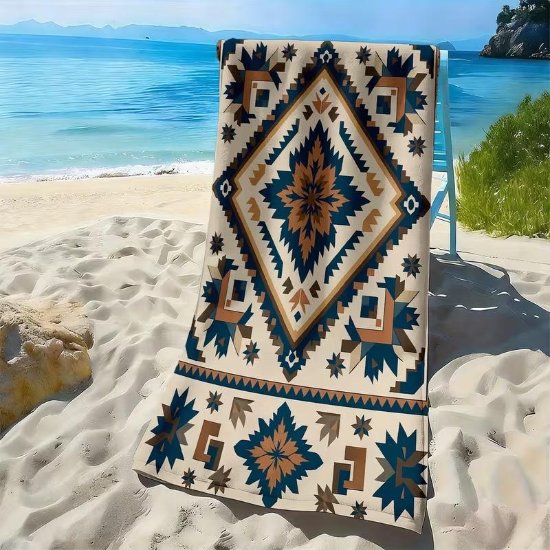 

Tribal Geometric Pattern Beach Towel Retro Western Ethnic Art Print Absorbent Quick Dry Soft Towel for Outdoor Travel Use W30*H60(CM)