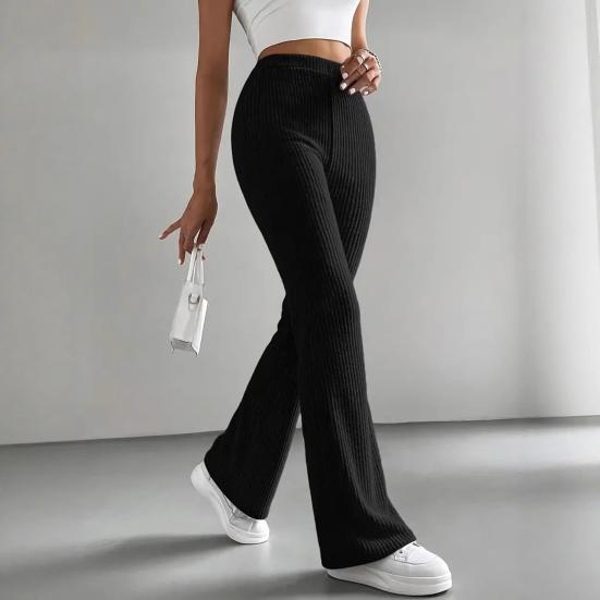 Women Pants High Waist Solid Color Ribbed Casual Trousers Slim Fit Spring