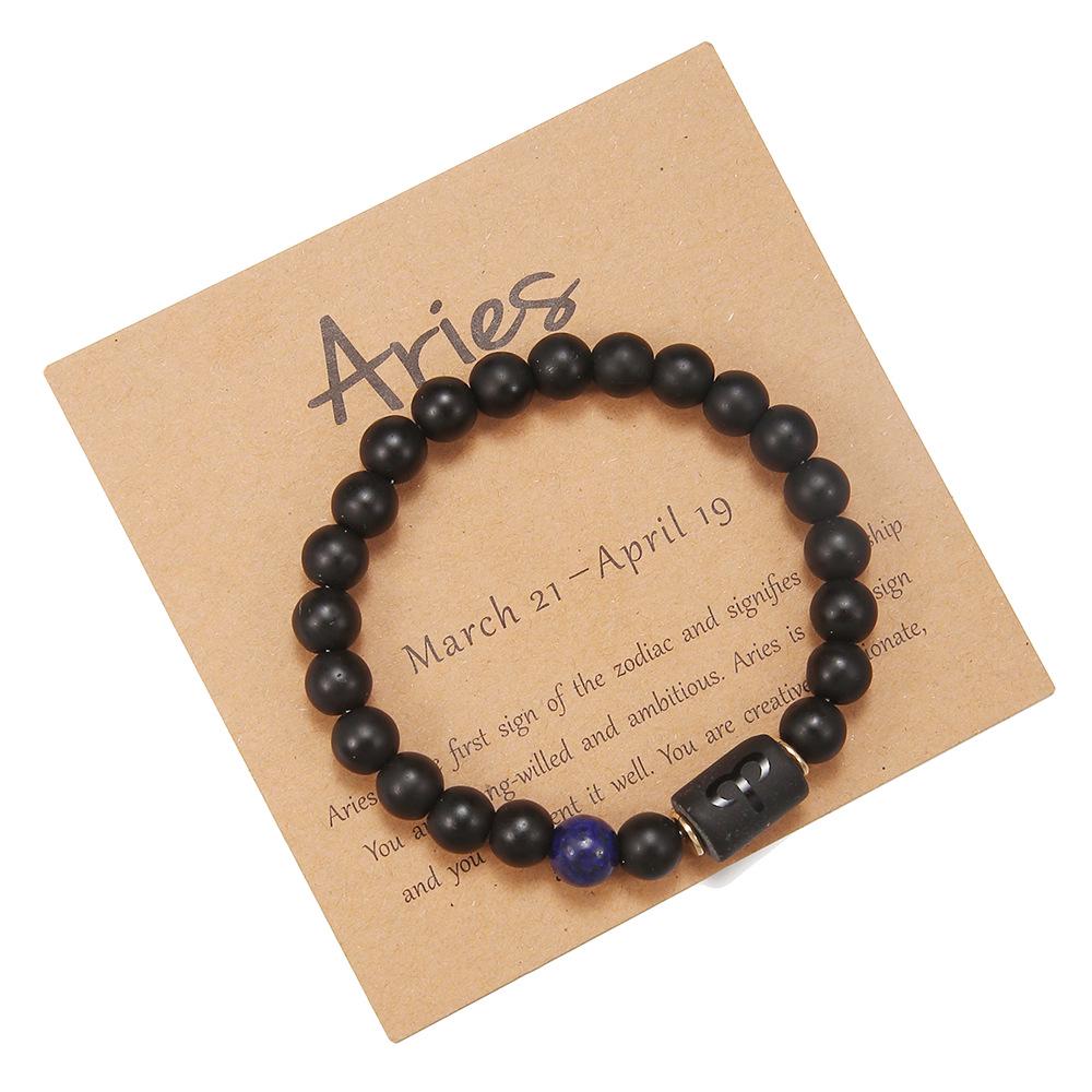 Black Matte Agate Beaded Bracelet with Zodiac Signs - Elastic Buddhist Couple Design