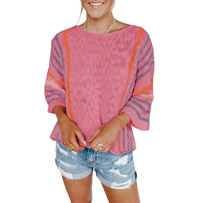 2024 Spring/Summer Women's Bell Sleeve Colorblock Sweater - European/American Fashion Vertical Stripe Knit Top