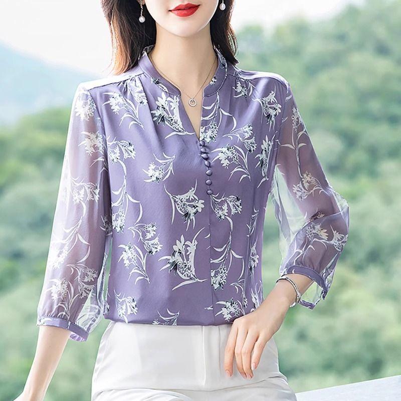 Chemisier en mousseline de soie doux pour femmes, manches bouffantes, hauts et chemisiers coréens pour femmes, cardigan, chemises à imprimé floral, printemps été
