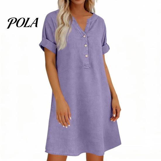 Travel Friendly Dress Summer Short Sleeve for Women, Casual Button Up V Comfortable Everyday Neck A-line Dress, Flowy Beach Vacation Sundress