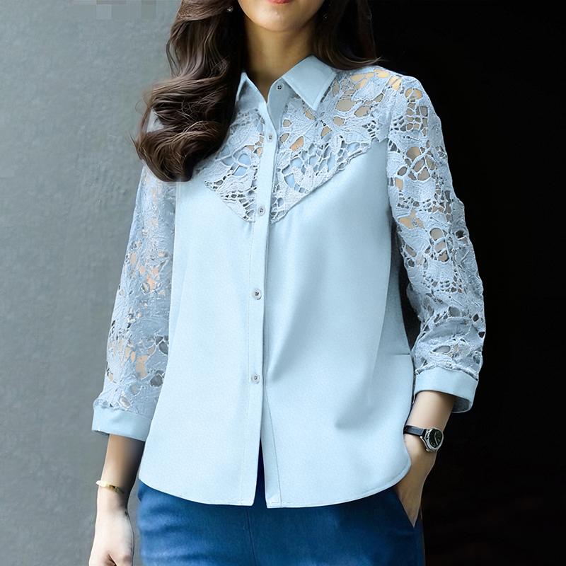 ZANZEA Women Casual Turn Down Collar Hollow Crochet Splice 3/4 Sleeve Blouse