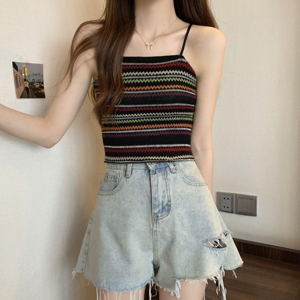 Women's Striped Knitted Camisole Vest Summer French Style Stylish Slim Fit Slimming Bottom Shirt Sleeveless Top