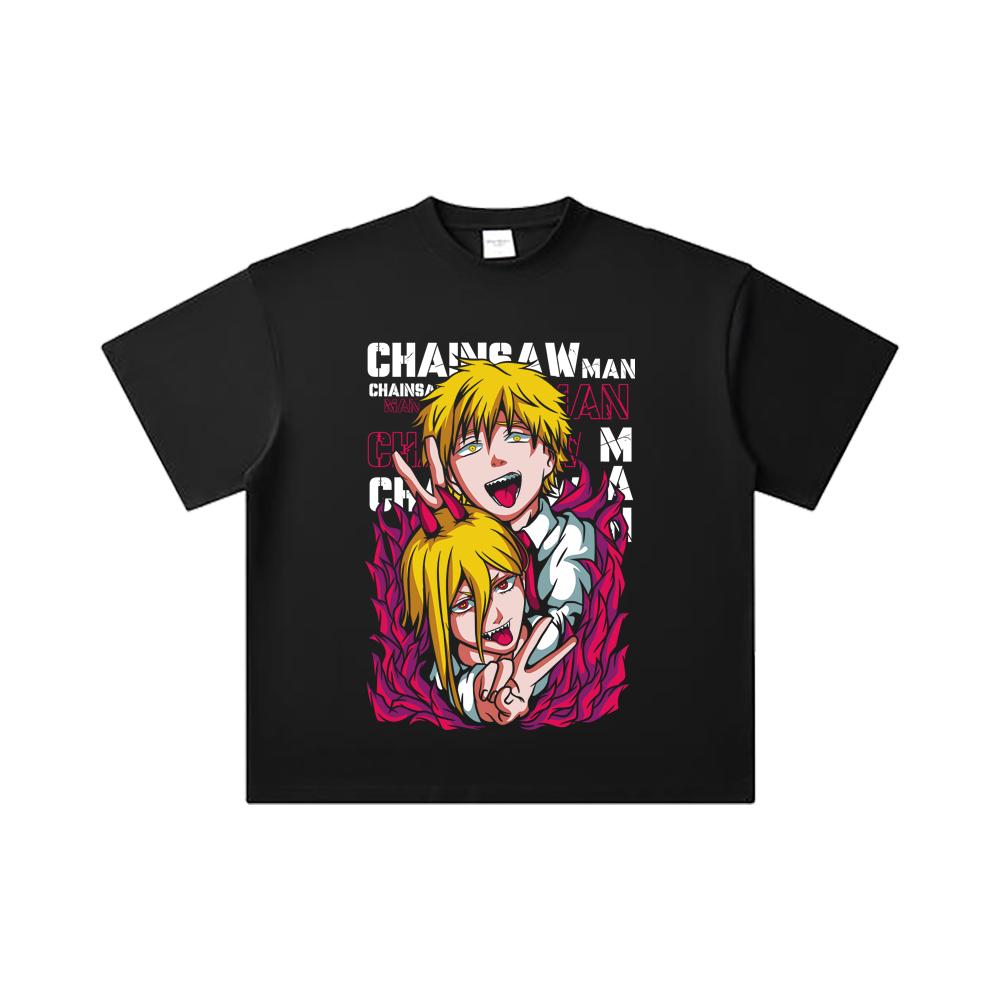 260 GSM Double Yarn 32 Count 100% Cotton Chainsaw Man V39 Denji Power Print Unisex Heavy Cotton T Shirt
