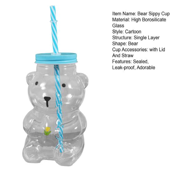 Szklany kubek niekapek z pokrywką i słomką, uroczy szklany kubek z misiem na sok, mleko, herbatę, smoothie, kreatywne naczynie do napojów z motywem misia