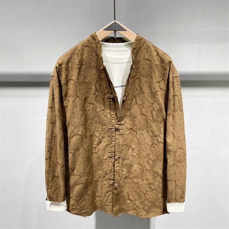 

Men s Brown Mandarin Collar Shirt Traditional Frog Button Pattern Design Long Sleeve Casual Fashion Loose Blouse L хакі