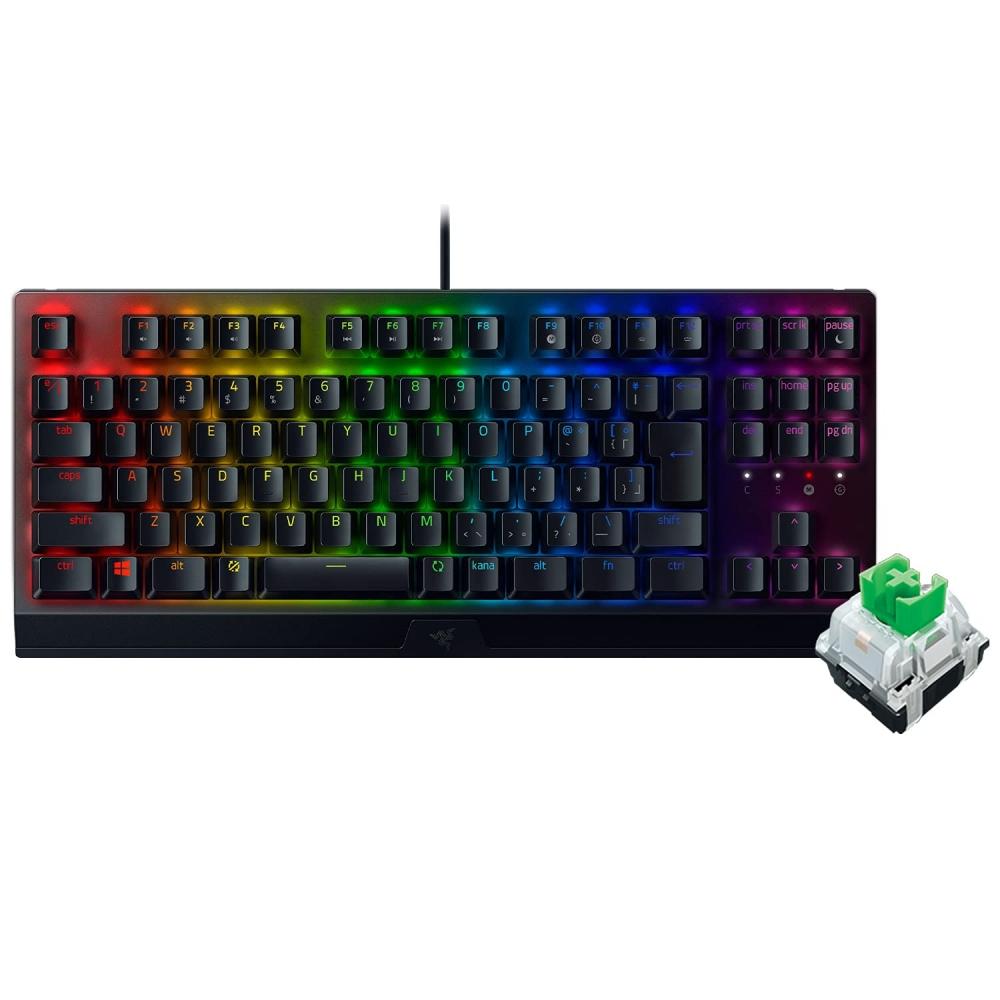 

Razer Ігрова клавіатура Tenkeyless BlackWidow V3 Tenkeyless JP - зелений перемикач, механічний, зелена вісь, прозорий корпус, кольоровість RGB, високоміцний алюмінієвий верх