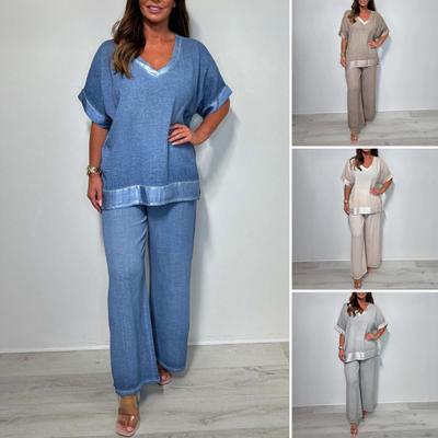 Women's Casual Two Piece Outfit Plus Size V Neck Short Sleeve Top Wide Leg Pants Summer Loose Lounge Set