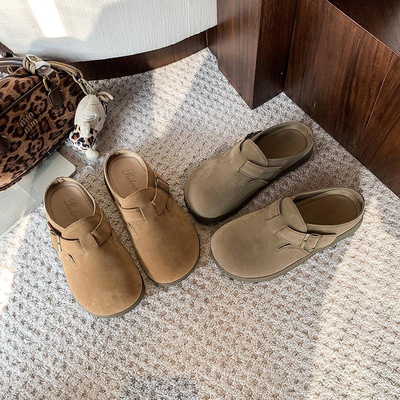 Leather Boken shoes women's 2025 spring new outer wear platform Boken bag head half tray lazy one pedal slippers