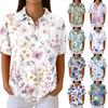 Women's Casual Short Sleeve Floral Print Waffle Knit Polo Shirt Relaxed Fit Button Down Collar Top for Everyday Wear