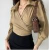 European & American Style V-Neck Lace-Up Lantern Sleeve Top for Women - Sexy High-Waisted Spring Shirt